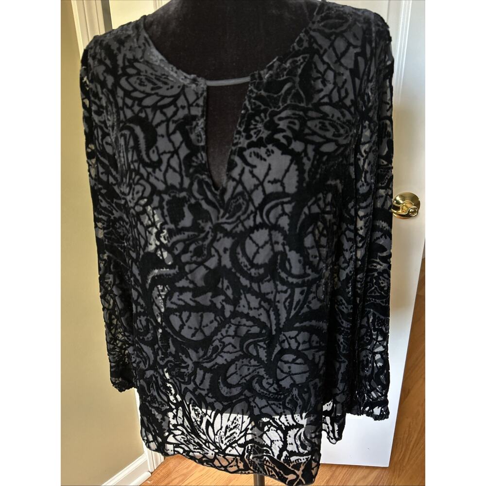 Johnny Was 4 Love and Liberty black Burnout Velvet Floral Silk Blend Top Size S